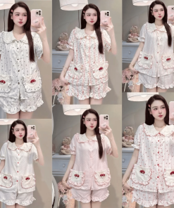 Bộ Pijama Đùi Eluna Cổ Sen Đính Nơ Xinh Xắn, Chất Đũi Mềm Mịn