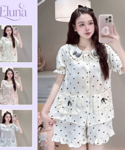 Bộ Pijama Cổ Phối Nơ Chất Đũi Hàn Eluna Mềm Mát, Họa Tiết Xinh (DU60)