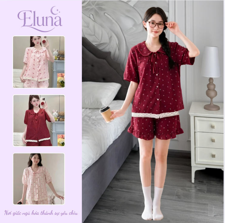 Pijama Cổ Sen Vạt Ren Trắng Chất Đũi Hàn DU01