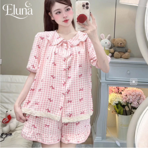 ijama Cổ Sen Vạt Ren Trắng Chất Đũi Hàn DU01