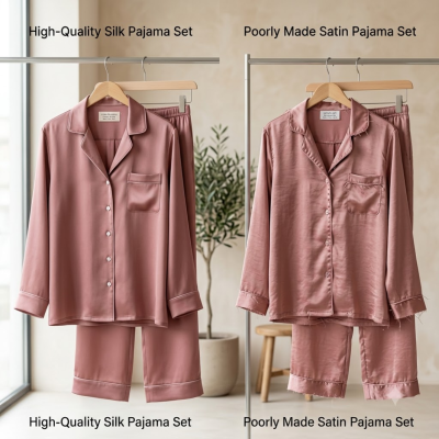 do-ngu-nu-gia-re-va-cao-cap So sánh bộ đồ ngủ lụa cao cấp chỉn chu và đồ ngủ nữ giá rẻ kém chất lượng bị nhăn xơ vải trên giá treo.