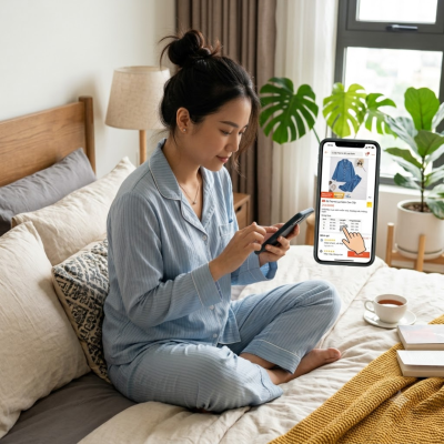 san-do-ngu-nu-gia-re-qua-dien-thoai Cô gái ngồi trên giường lướt điện thoại thông minh đặt mua đồ ngủ nữ giá rẻ qua ứng dụng mua sắm trực tuyến.