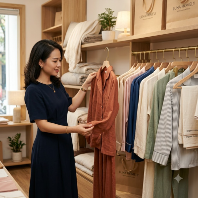chon-do-ngu-nu-gia-re-dep Khách hàng nữ đang lựa chọn bộ đồ ngủ nữ giá rẻ màu cam đất đẹp mắt tại cửa hàng thời trang mặc nhà.